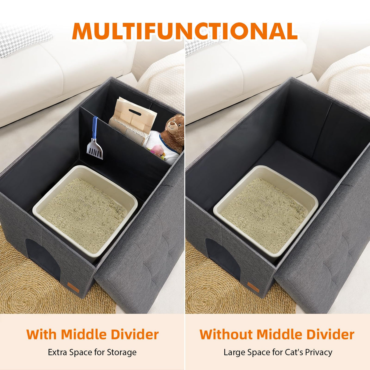 Zerbuger Cat Litter Box Enclosure Furniture for Odor Control, Hidden Cabinet Cats Litter Ottoman with Flip-Up Lid,Cat Litter Box Bench with Storage Space, Dog Proof(Grey, Large) Zerbuger