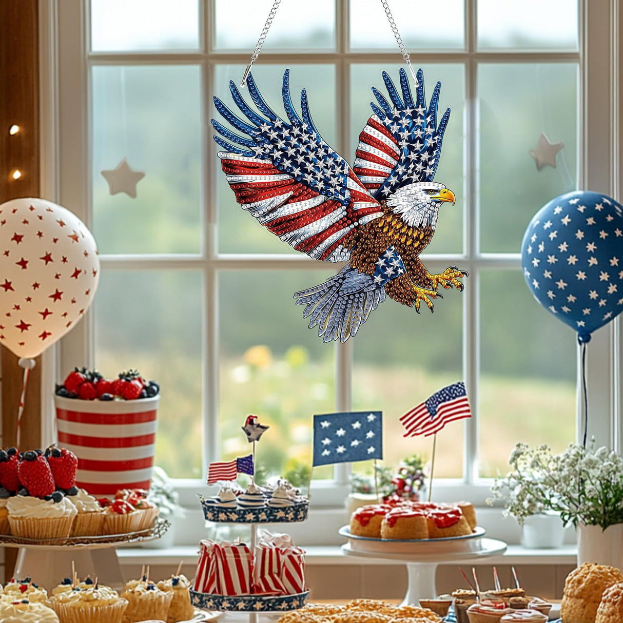 Bowetile Bald Eagle 5D Diamond Art Hanging Kits for Adults, American Flag Diamond Painting Window Pendant Kits, Special Shape Patriotism Gem Art Suncatchers Ornament for Home Garden Wall Decor Bowetile