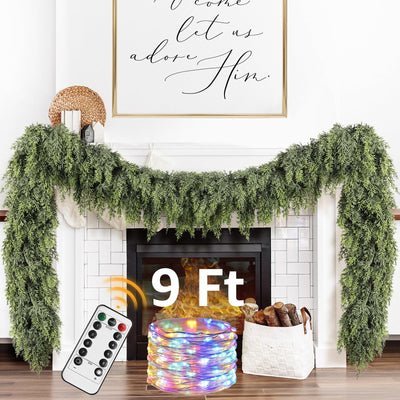 Cedar Christmas Garland with Lights for Mantle - Decorations 9ft Realistic Lighted Faux Pine Garlands for Xmas Home Decoration Indoor Stairs Railing Fireplace Outdoor 9 ft Prelit Garland Door Decor