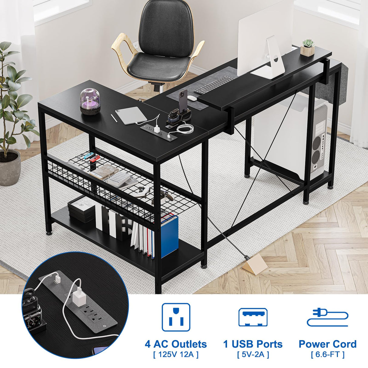 ElectraSpeedy 49" L Shaped Desk with Power Outlet & LED Lights, Reversible Corner Computer Desk with Storage Shelves & Monitor Stand, Home Office Desk for Gaming Writing Study (Black) ElectraSpeedy