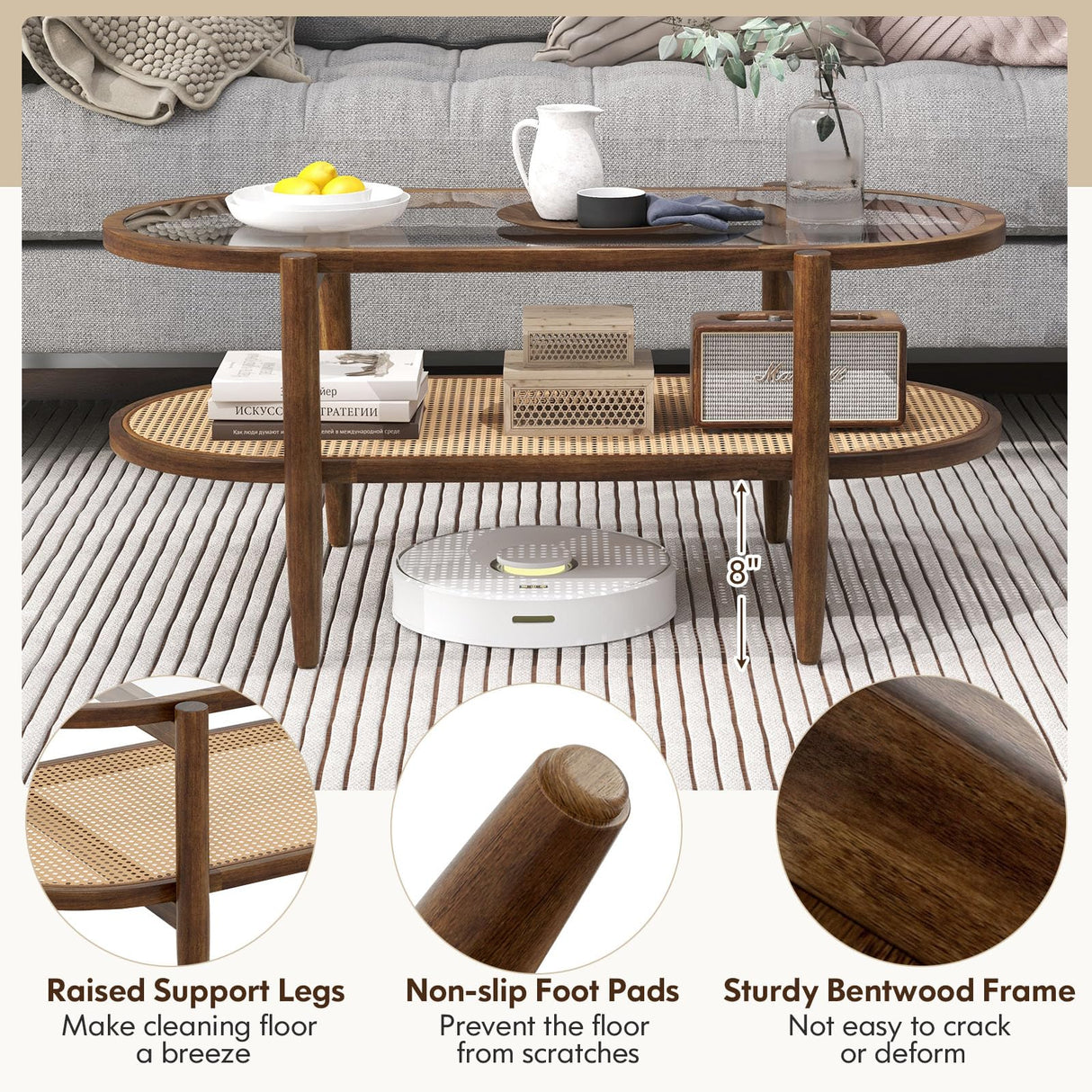 NAFORT 2-Tier Glass Coffee Table, 40" Oval Center Table with Tempered Glass Top, PE Wicker Storage Shelf, Farmhouse Modern Boho Tea Table for Living Room, Office, or Balcony (Bohemian, Brown)