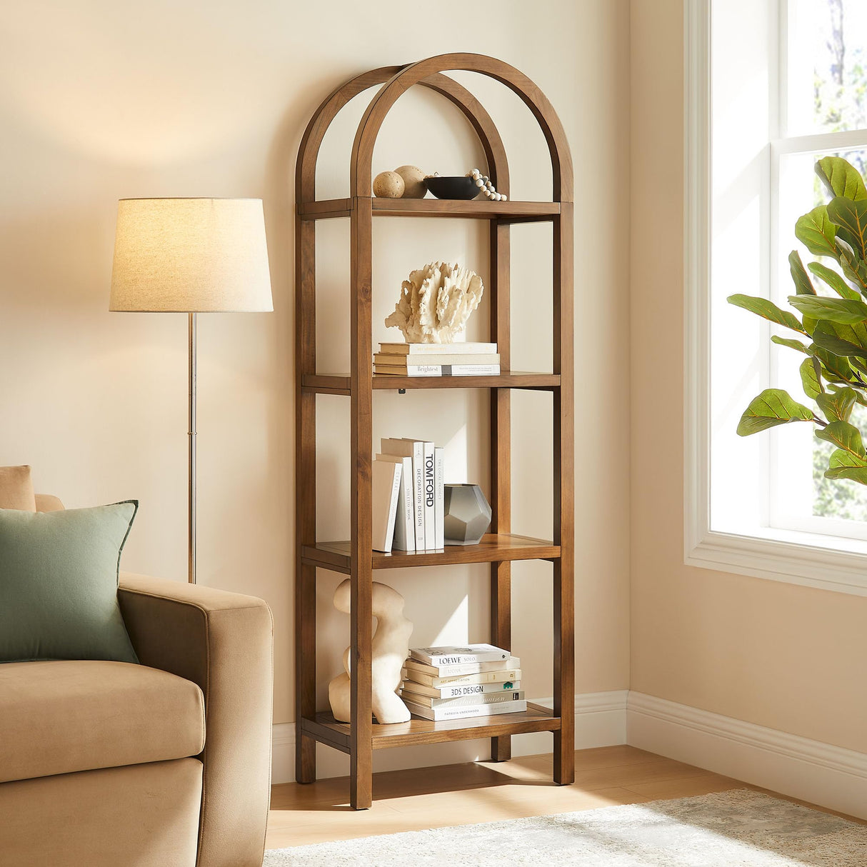 Modway Vexley 72 Inch Tall Narrow Arched Bookshelf in Walnut – Modern Pine and Acacia Wood Open Display Bookcase for Living Room, Office, Reading Nook Modway