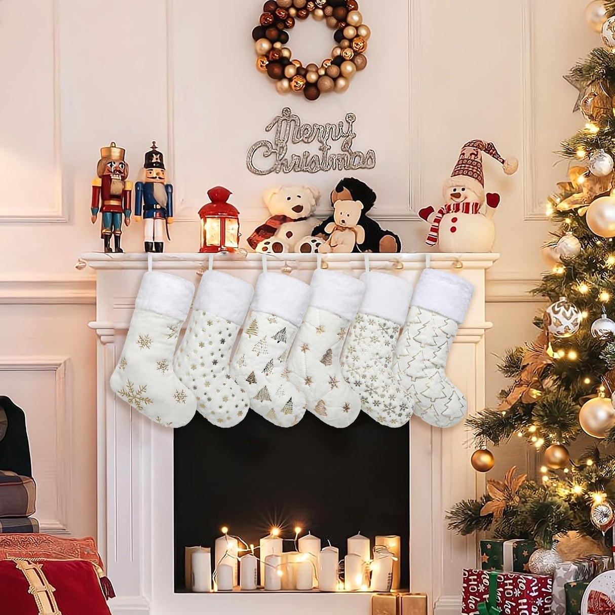 White Christmas Stockings Set of 6 - Lage Elegant Xmas Stockings with Golden Christmas Tree Snowflake Designs, Fluffy Grey and White Christmas Stockings for Holiday Party Decorations 20 inch Amorita