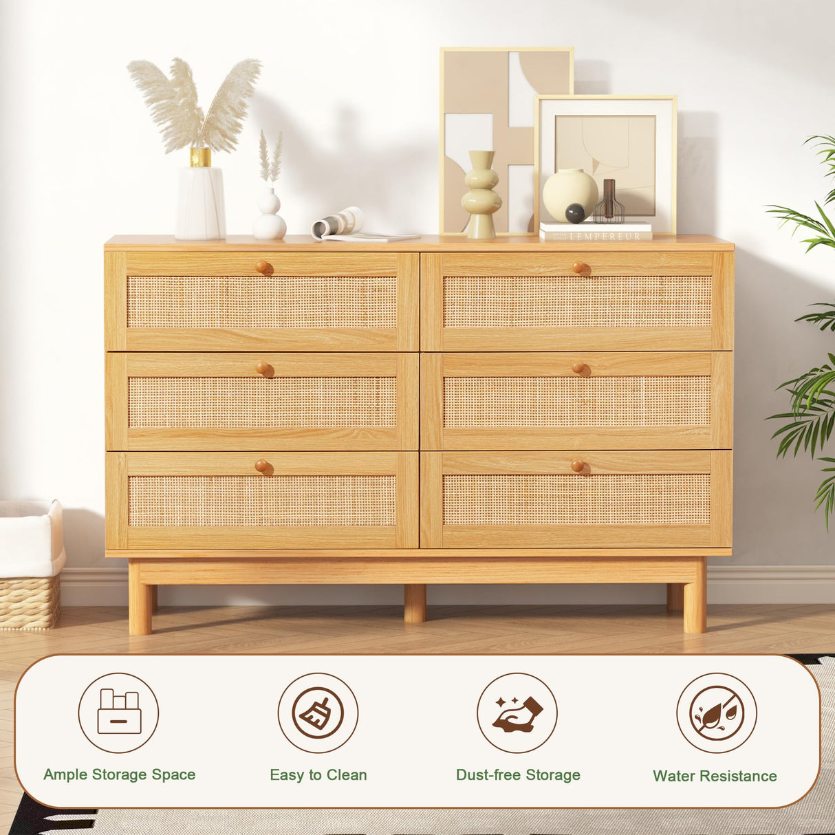 Bliss Homey 6 Drawer Dresser for Bedroom, Rattan Natural Wooden Dresser, 48" Wide Boho Chest of Drawers, Double Dresser with Wood Storage Organizer for Closet, Living Room, Hallway Bliss Homey