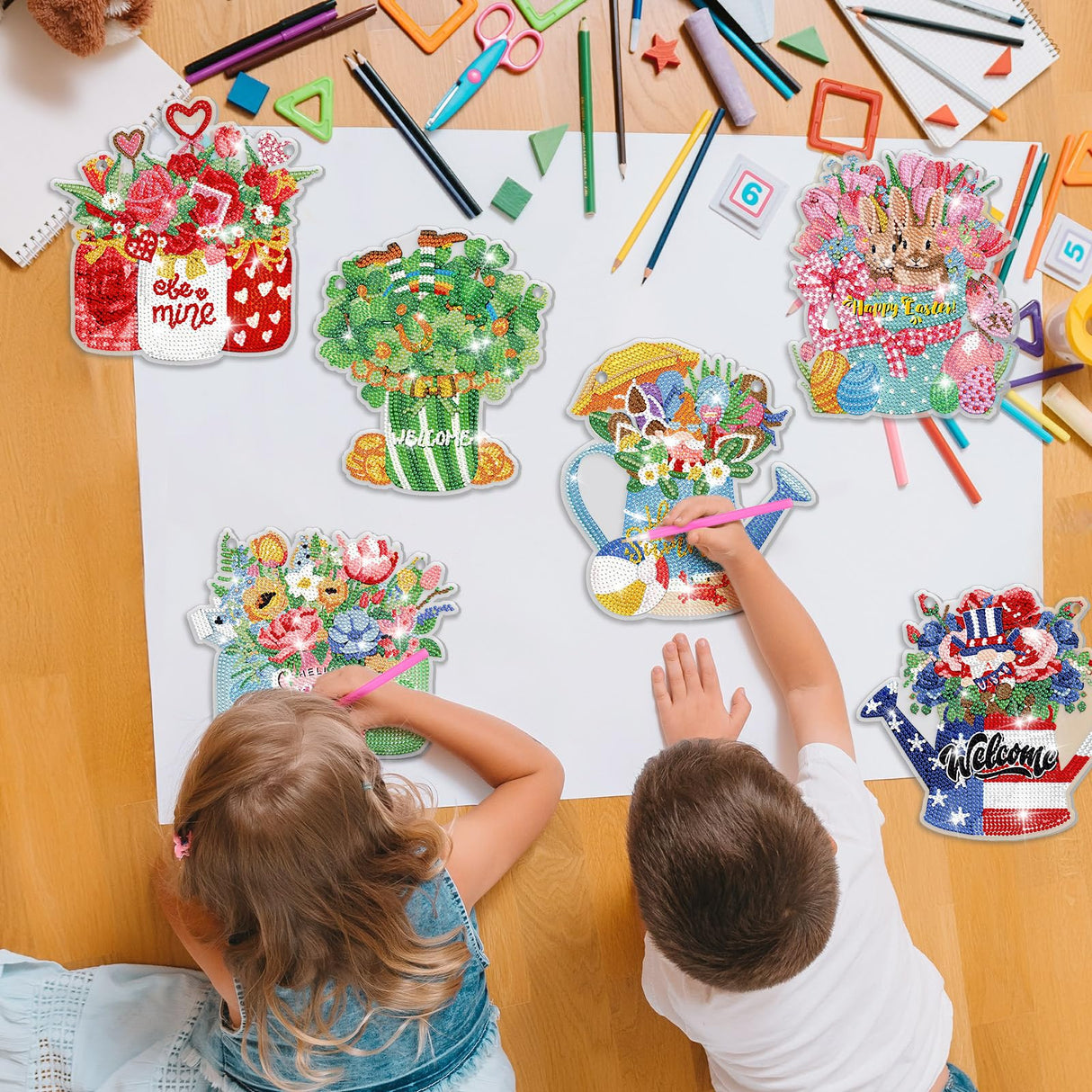 Chitidr 6 Pcs Seasonal Diamond Painting Kits 5d DIY Holiday Flowers Diamond Art Painting Hanging Signs for Spring Ventines Easter St. Patrick's Day Memorial Day Summer Wall Door Window Decor Chitidr