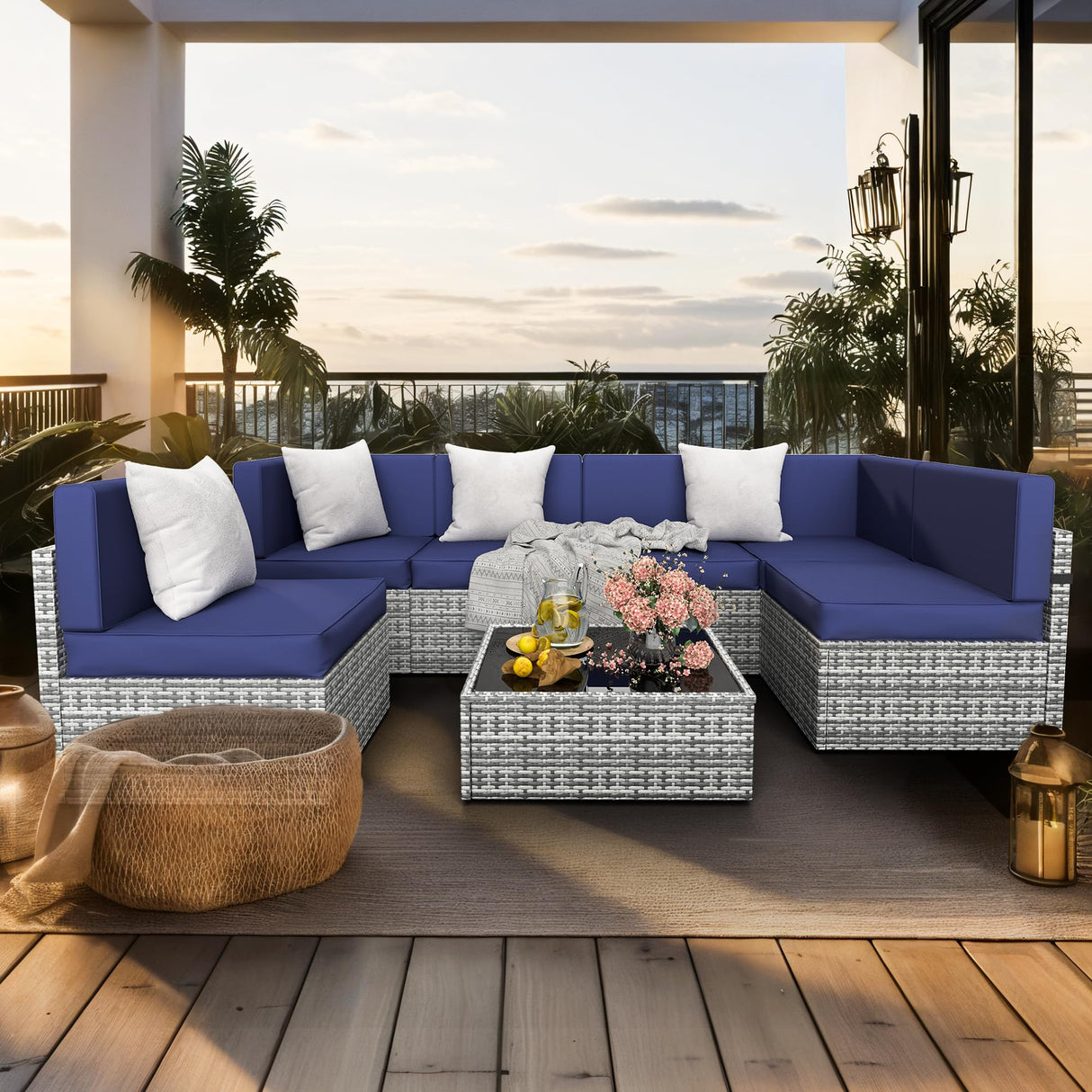 Pamapic 7 Piece Outdoor Sectional Sofa Set, All-Weather Patio Furniture with Washable Cushions, Waterproof Gray Rattan Wicker Conversation Set for Backyard, Poolside, Garden (Navy Blue Cushions) Pamapic