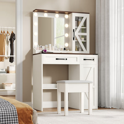 NEDYO Vanity with Mirror and Lights, Farmhouse Vanity Desk, Makeup Vanity Table Set, Small Wood Vanity with Chair, Vintage Large Light Bulbs Dimmable Mirror, Shelves and Drawers. White