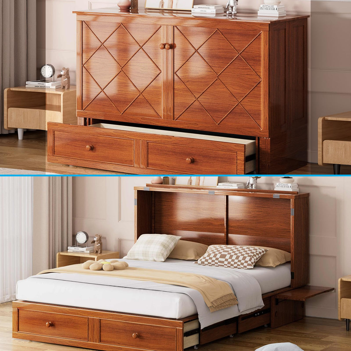 Mjkone Queen Murphy Bed Cabinet with Tri-Folding Mattress, Distressed Wooden 63" W Cabinets Wall Chest Beds with Built-in Charging Station & Storage Drawer for Office Guest Bedroom Living Room, Cherry Mjkone