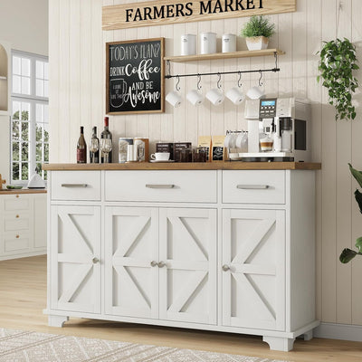 REVOMINCA 55 Inch Buffet Cabinet with 3 Drawers and 4 Barn Doors, Sideboard Coffee Bar for Kitchen, Farmhouse Coffee Bar with Storage, White