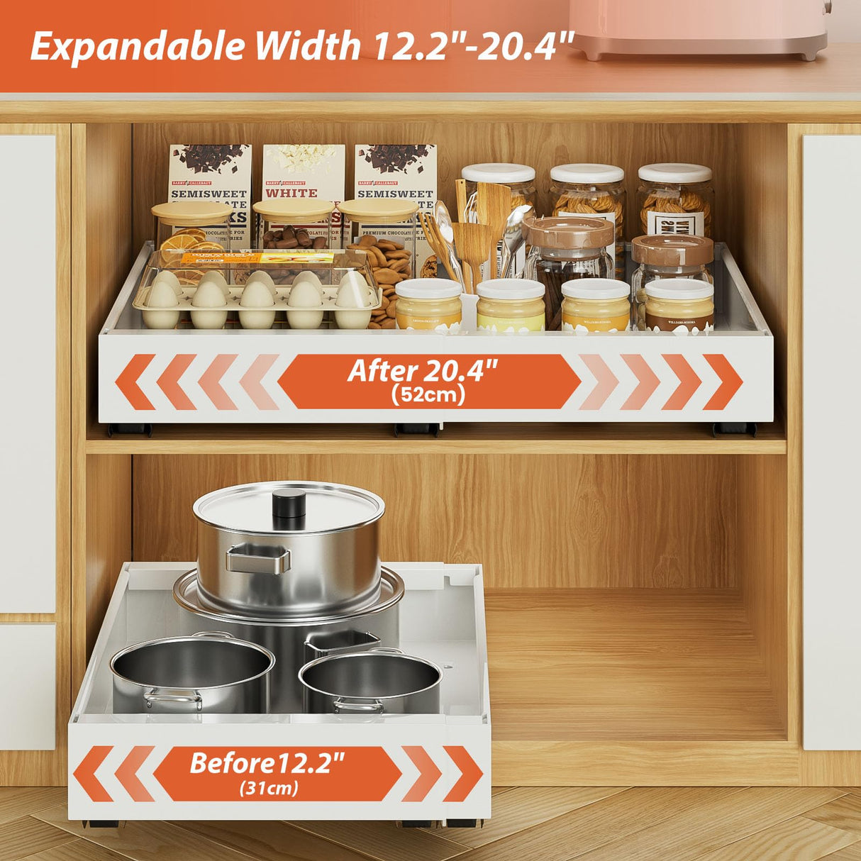 2 Pack 16.5" Deep Pull Out Cabinet Organizer, Upgrade 3 Slide Rails Slide Out Drawers for Kitchen Cabinets, Adjustable Width (12.2"-20.4") Pull Out Drawers for Frameless Cabinets lockincar