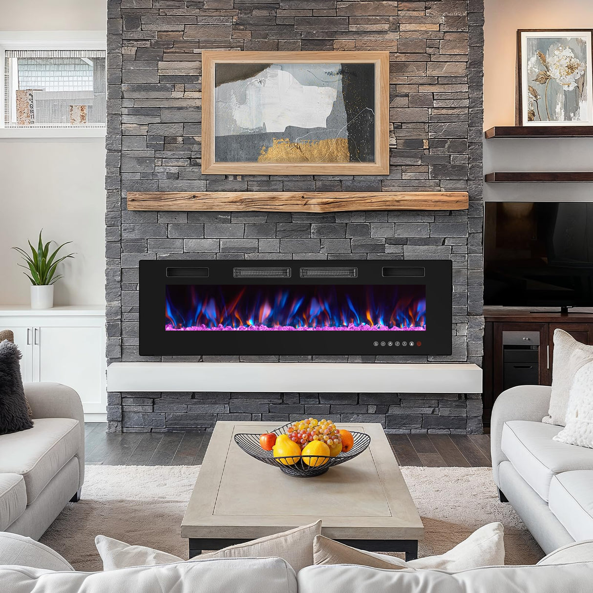 72” Electric Fireplace, Ultra-Thin Wall Mounted Electric Fireplace, Electric Fireplace Insert Heater, 750/1500W Recessed Fire Place with Adjustable Flame Color, Touch Screen and Remote Control LuxaDomus