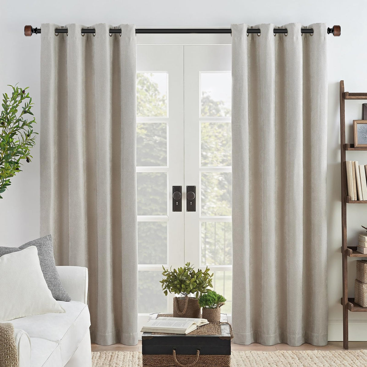 LOPTG Curtain Rods for Windows 38 to 112 Inch, 1 Inch Diameter Modern Adjustable Decorative Drapery Rods, Window Curtain Rod with Imitation Wood Grain Finials, Black, Size:36"-120" LOPTG