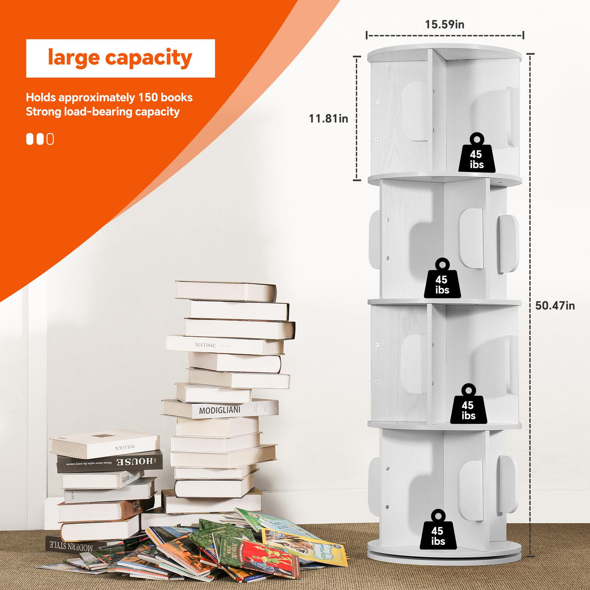 senlin Rotating Bookshelf Tower - Compact Swivel Bookcase for Kids, Corner Storage, Space-Saving Revolving Shelf,White senlin