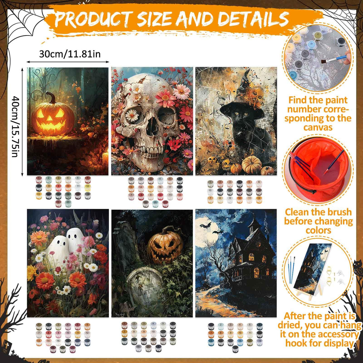 Gersoniel 6 Sets Halloween Paint by Numbers Kit for Adults, 16x12 Inch Ghost Pumpkin Sip and Paint for Beginners, Pre Drawn Oil Painting on Canvas, DIY Painting Kit Bulk Gifts for Halloween Gersoniel