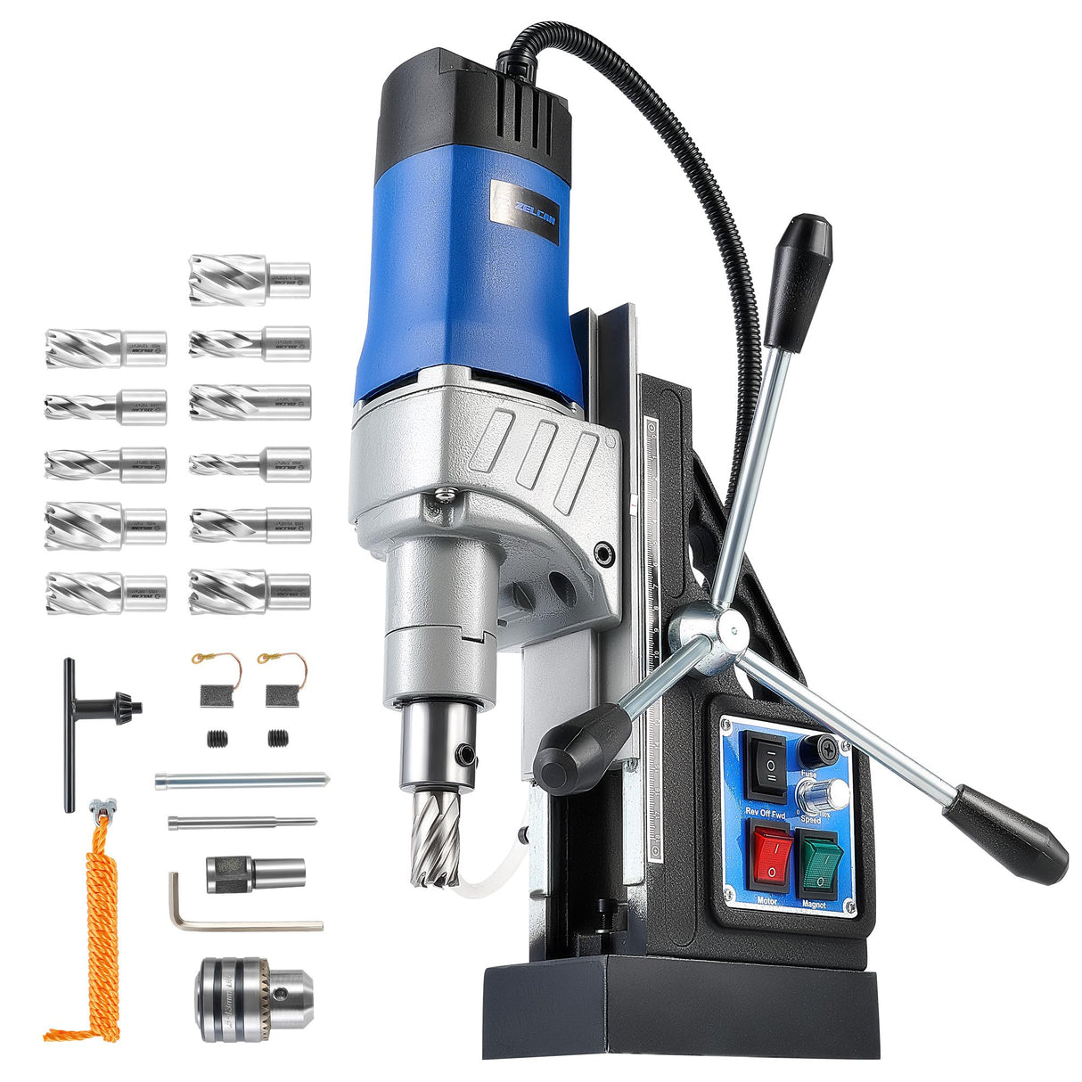 ZELCAN Mag Drill Press with 11 Drill Bits, 1550W Portable Magnetic Drill Press with 2" Boring Diameter, 0-580 rpm Stepless Speed & Reversible Direction, 2922 lbf Drilling Machine for Metal Surface ZELCAN