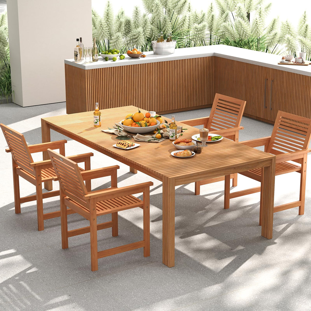 Tangkula 7-Piece Patio Wood Dining Table Set, Outdoor Rectangular Table and 6 Armchairs with 2" Umbrella Hole, Outside Furniture Set for Backyard, Poolside, Garden, Lawn Tangkula