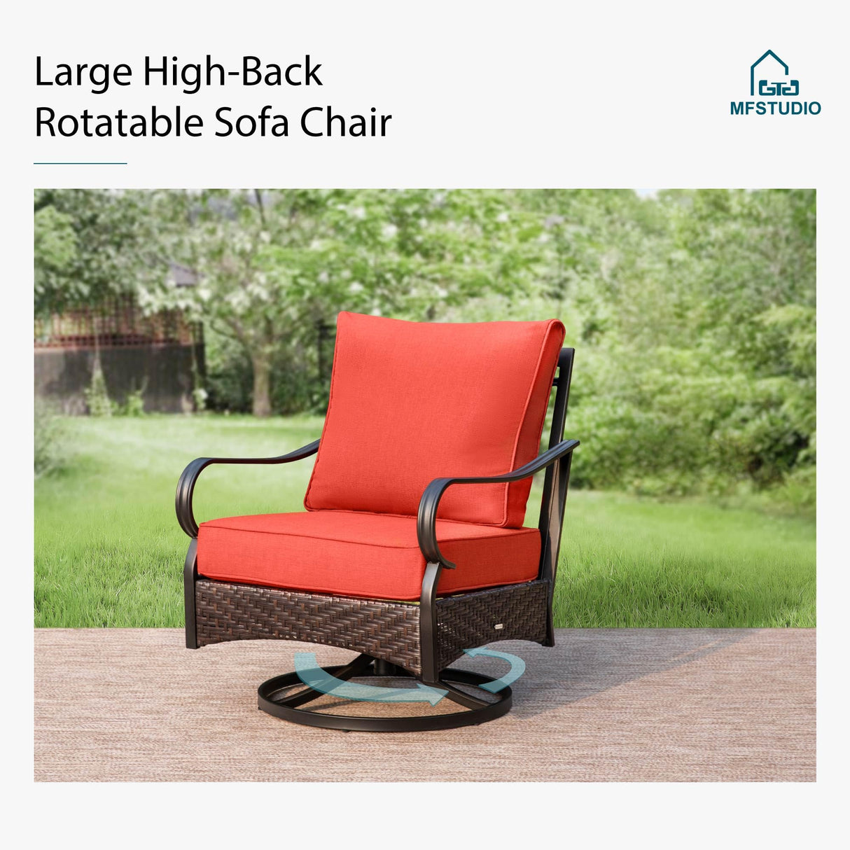 MFSTUDIO 5 Pieces Outdoor Patio Furniture Set, Metal Outdoor Conversation Sofa, Rattan Wicker Patio Sectional Sofa Set with 4 x Swivel Single Sofa, 1 x Fire Pit Table, Red MFSTUDIO