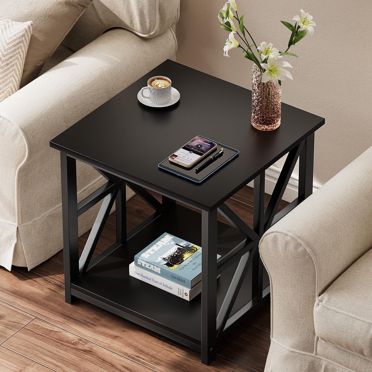 GreenForest End Table with 2-Tier Storage Shelf, 24 inch Side Table for Living Room, Modern Nightstand for Bedroom Bedside Office Farmhouse, Black GreenForest