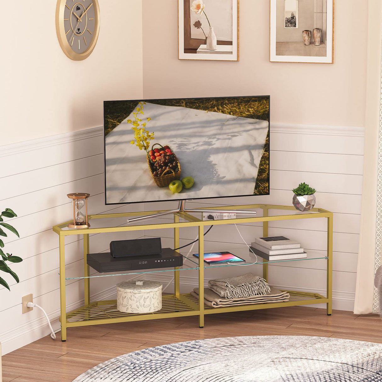 HOOBRO Corner TV Stand with Power Outlet for TVs up to 60", Modern 55" Corner TV Console Table with Open Shelves, Tempered Glass Media Entertainment Center for Living Room, Bedroom, Gold GD143UDS01 HOOBRO