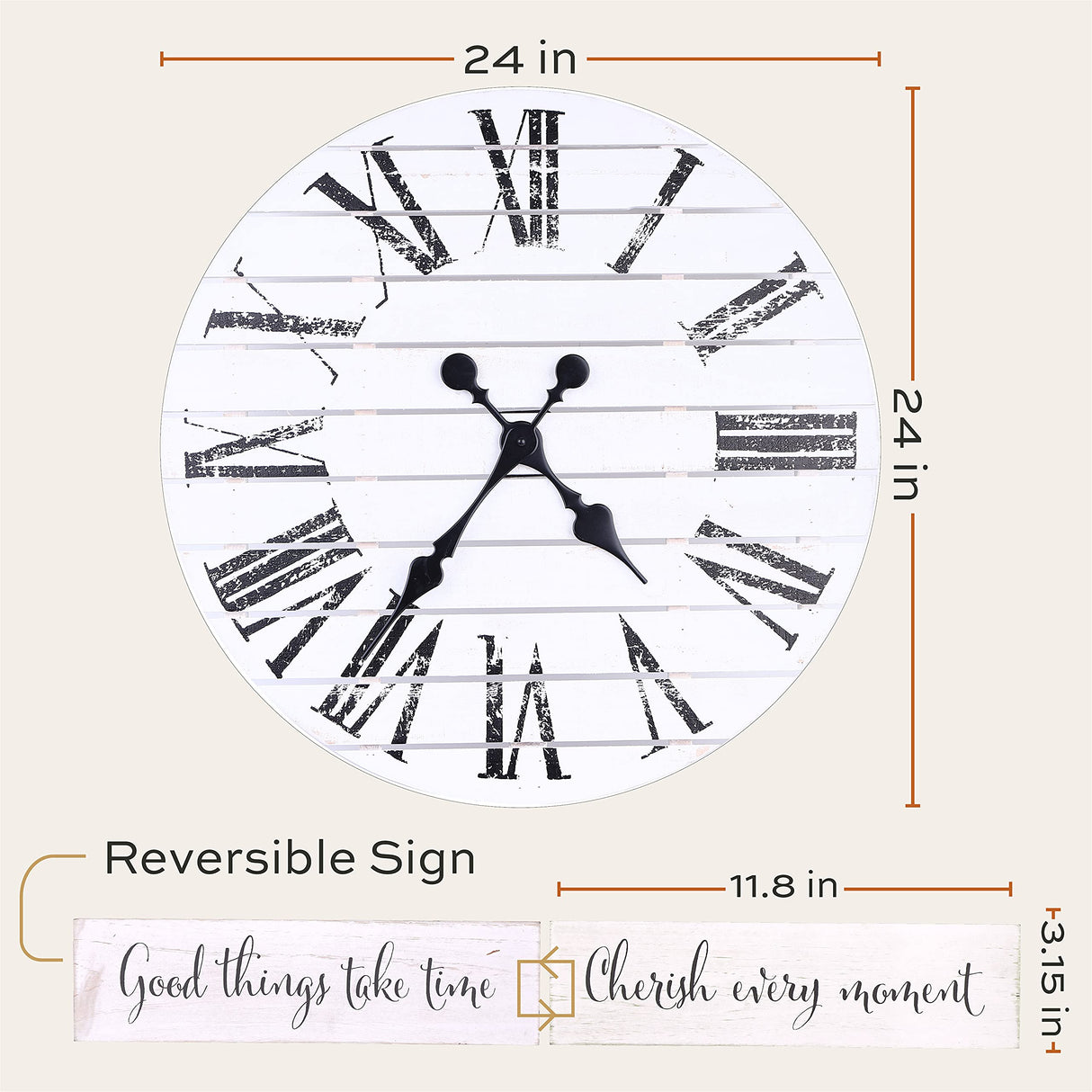ALBEN Large Farmhouse Wall Clock - 24 inch Round Shiplap Farmhouse Style Clock Bundled with Decorative Reversible Wooden Sign ALBEN