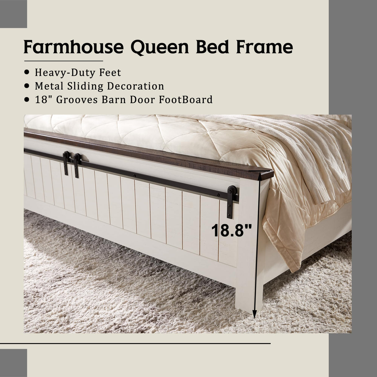 IFGET Farmhouse Queen Size Wood Bed Frame with Grooved Sliding Barn Door Design and Sturdy Slats Support, No Box Spring Required (White) IFGET