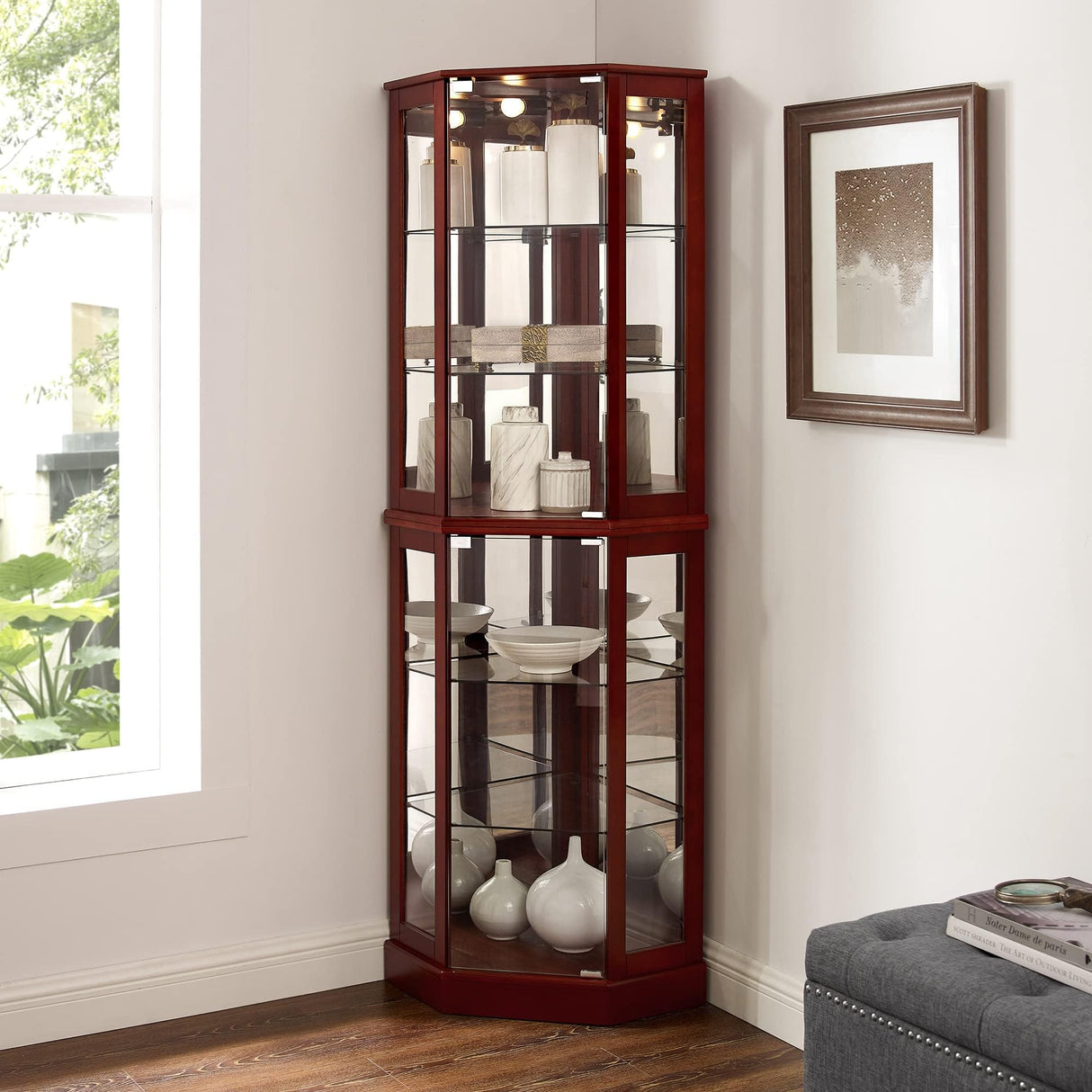 Mcltopz Lighted Corner Curio Cabinet with Tempered Glass Doors, 6 Shelf Curio Diapaly Cabinet with Adjustable Shelves and Mirrored Back Panel, Floor Standing Glass Display Cabinet No Bulb (Cherry) Mcltopz