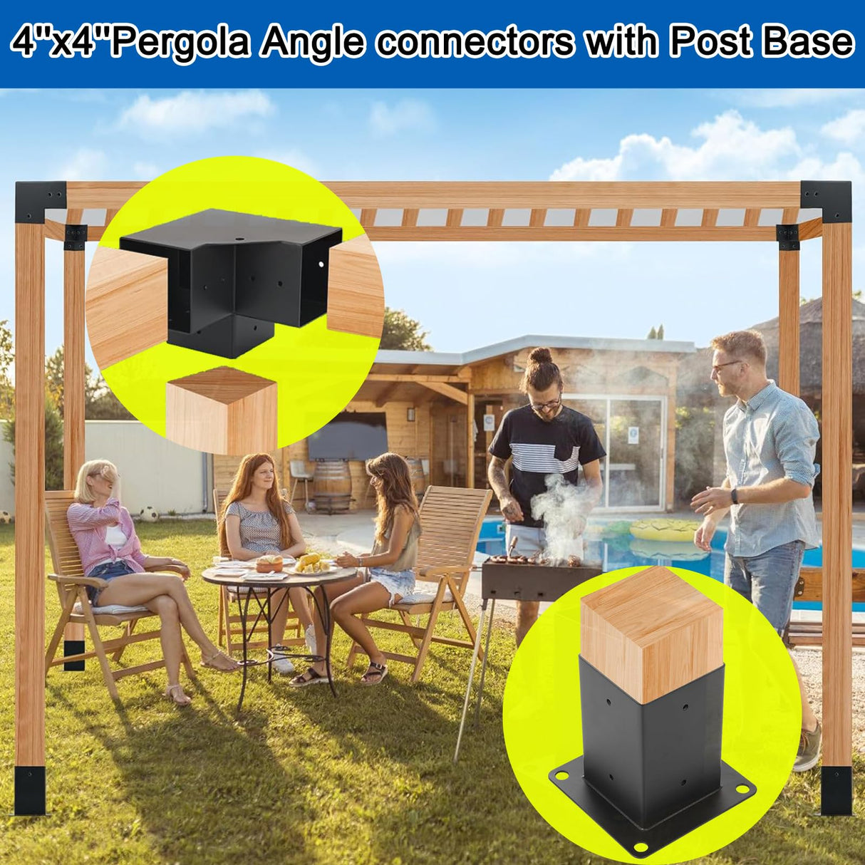 Heavy Pergola Brackets,Woodworks Metal Kit 3-Way Right Angle connectors with Post Base 4x4'' ,DIY Gazebo Kit Suitable for Pergolas,Gardens (4PC 3-Way Pergola Brackets + 4PC Post Base) SZSFSYYX