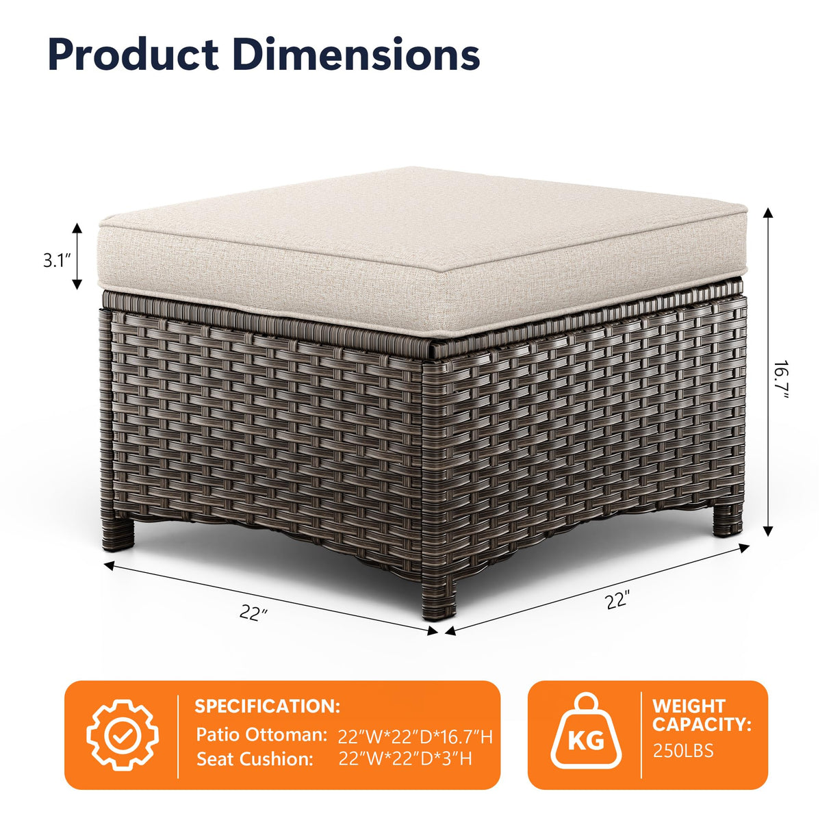 MaxMulti 2 Pieces Patio Ottomans, Outdoor Wicker Footrest Seat with Removable Cushions, Multipurpose Patio Furniture for Outdoor, Backyard and Deck Use (Beige) MaxMulti