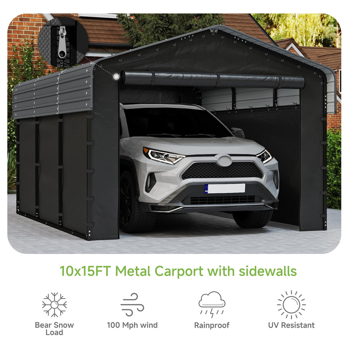 Real Relax 10x15ft Heavy Duty Metal Carport with Galvanized Steel Roof, Removable Sidewalls, Outdoor Car Port Shelter for Cars, Trucks and Boats, Gray Real Relax