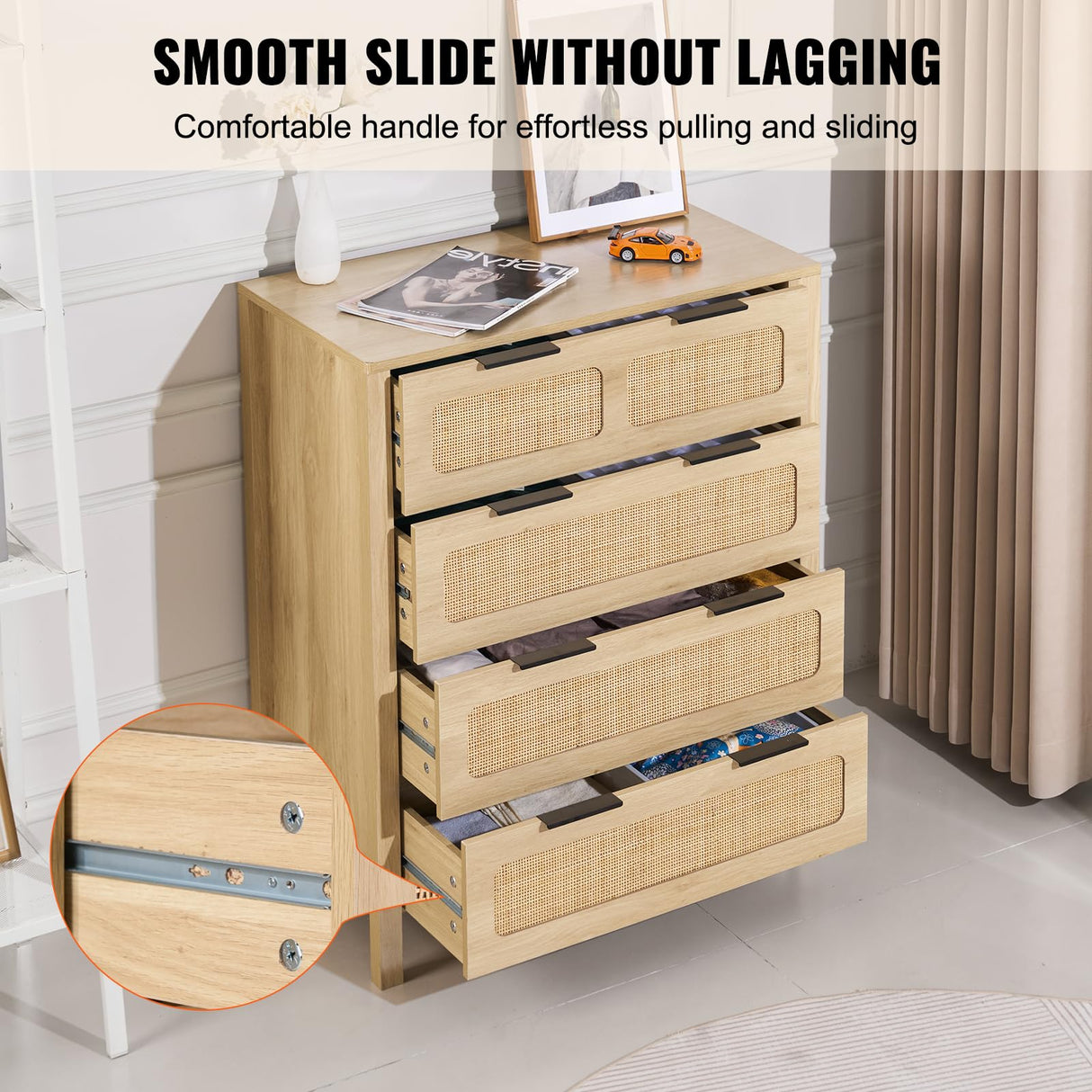 VEVOR 4 Drawer Rattan Dresser, Boho Dresser, Rattan Chest of Drawers with Spacious Storage, Natural Rattan Dresser for Bedroom, Living Room & Hallway,Rattan Nightstand with Sturdy Handles&Legs, Brown VEVOR