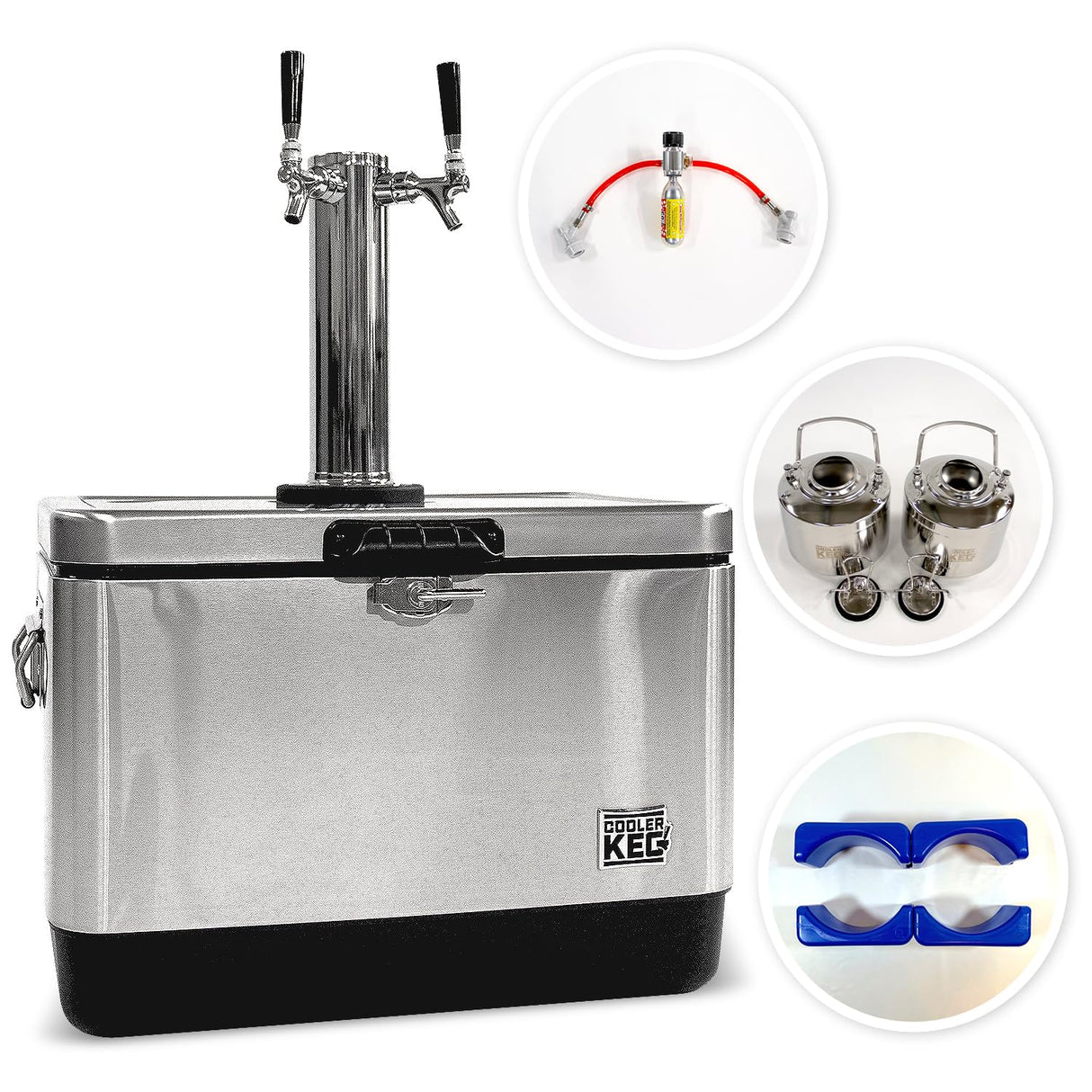 Cooler Keg™ Portable Kegerator Stainless Steel Insulated Cooler Draft System: Refillable Mini Kegs: Draft Beer, Cocktails, Homebrew, Seltzer. Dispenser with Dual taps. 4 CO2 CARTRIDGES Included Cooler Keg