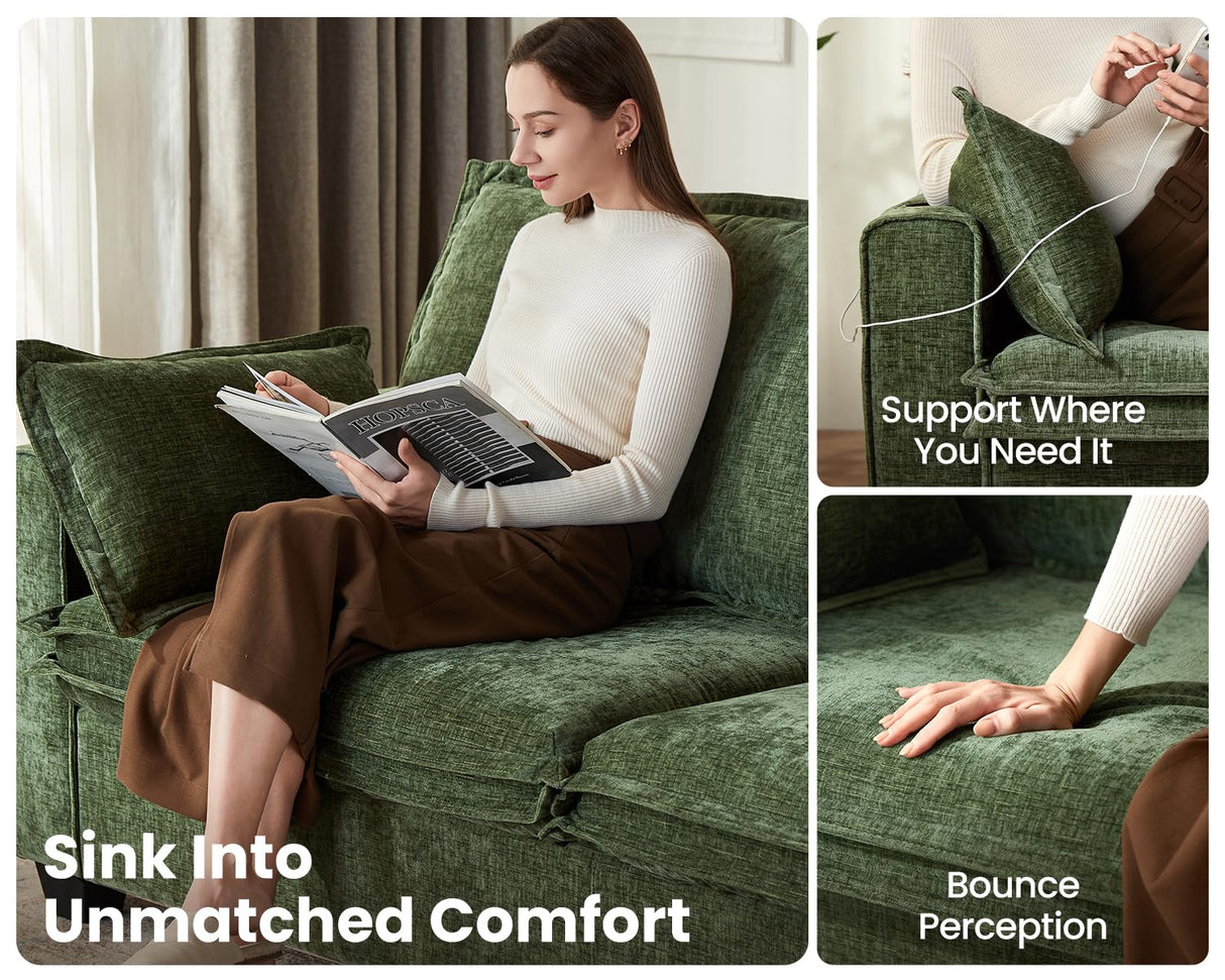 CHIC HOUSE 2-in-1 Pull-Out Sofa Bed, Convertible Chenille Sofa with 20W Fast Charging, LED Light, Foam Couch Layered Cushion Trim, Full/Queen RV Sleeper Sofa, Living Room, Apartment Small Space CHIC HOUSE