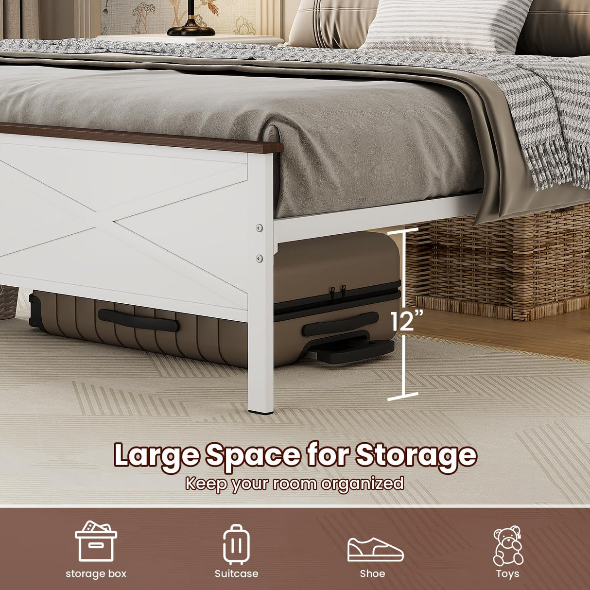 VOPEAK Farmhouse Queen Metal Bed Frame with Headboard and Footboard, Under-Bed Storage, Noise-Free, Easy Assembly, White VOPEAK