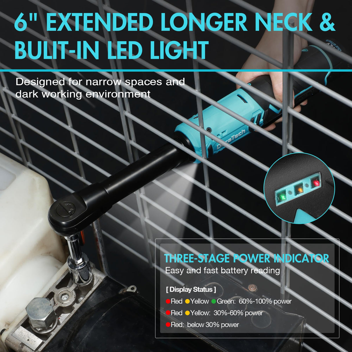 DURATECH Extended Cordless Ratchet Wrench, 3/8" 12V 44 Ft-Lbs Long Neck Electric Ratchet Wrench with 2-Pack 2.0Ah Li-Ion Battery, 1 Hour Fast Charger, 10 Sockets Accessories & Variable Speed Trigger DURATECH