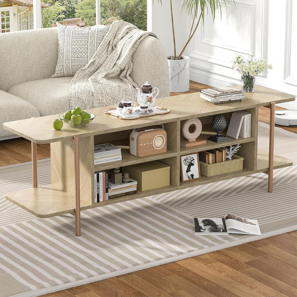 Giluta TV Stand for TV up to 75 Inch, Wood TV Cabinet with Open Storage, Entertainment Center TV Console Table, Coffee Table for Living Room (Light Oak) Giluta