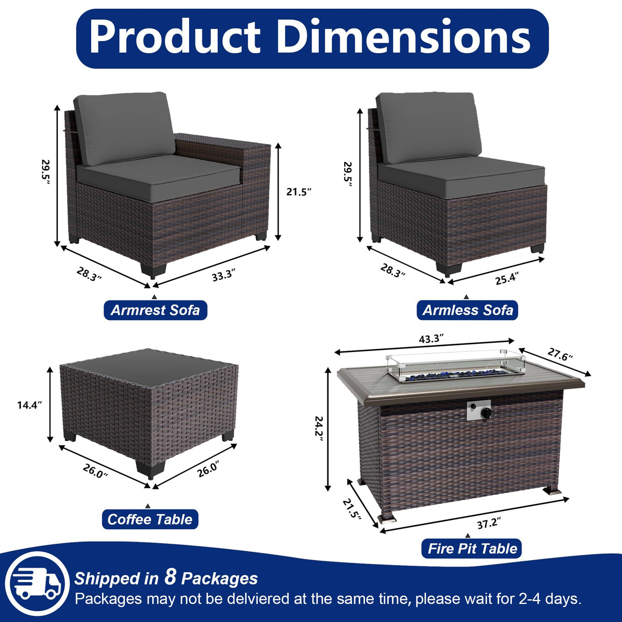 ASJMR Outdoor Patio Furniture Set with Fire Pit Table, 13 Pieces Outdoor Furniture Set Patio Sectional Set w/43in Propane Fire Pit, PE Wicker Rattan Patio Conversation Sets - Black. ASJMR