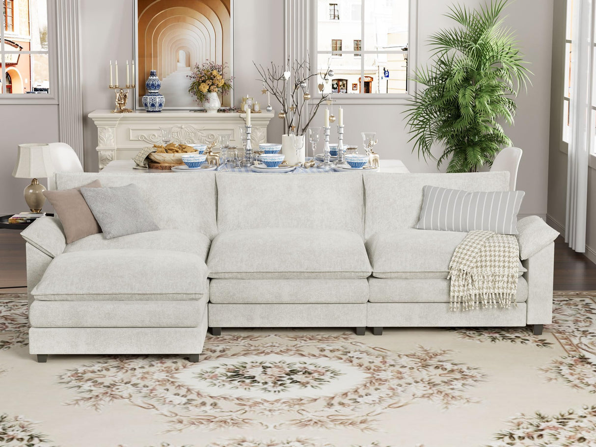 YESHOMY Sectional Modular Sofa L Shaped Chenille Fabric Couch with High Supportive & Soft Sponges and Removable Ottoman, Sleeper Comfy Upholstered Furniture for Living Room, White YESHOMY