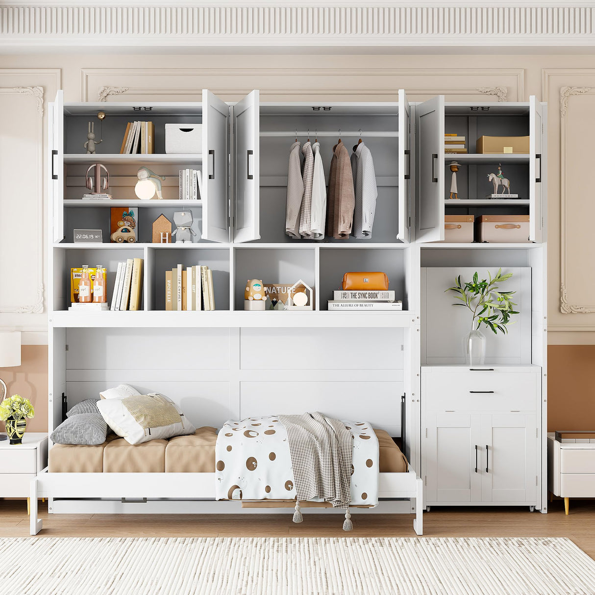 Harper & Bright Designs Twin Size Murphy Bed, Wooden Twin Wall Bed Frame with Closet, Drawers & Desk, White Harper & Bright Designs
