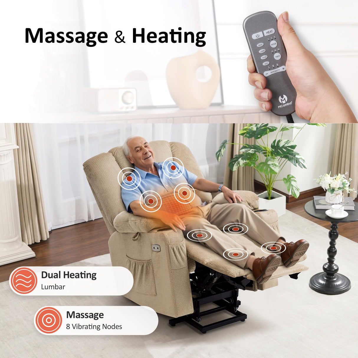 MCombo Oversized Power Lift Recliner Chair Sofa with Massage and Heat for Elderly People Petite, USB Ports, Side Pockets, Fabric R7561 (Beige, Small-Oversize) MCombo