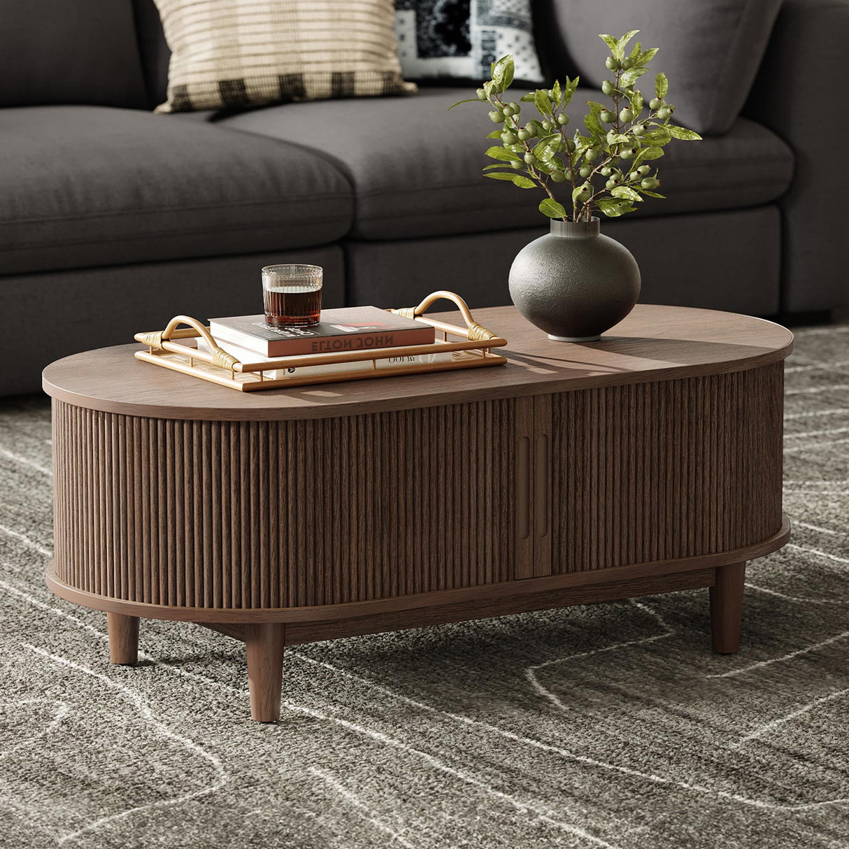 LINSY HOME Oval Coffee Table, Wood Coffee Table with Storage, Fluted Accent Center Table with Sliding Tambour Door, 39" Mid Century Modern Coffee Tables for Living Room, Bedroom, Apartment, Walnut LINSY HOME