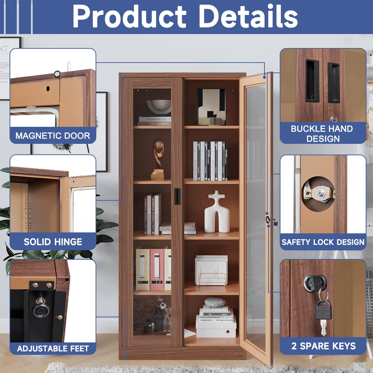 Anxxsu Display Cabinet with Glass Doors, Display Case Cabinet for Collectibles, Curio Display Cabinet with 4 Adjustable Shelves, 71" Glass Display Cabinet for Home Living Room (Wood Color) Anxxsu