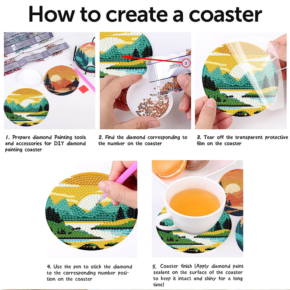 Clendo 8 Pcs Landscape Diamond Art Coasters Kit with Holder, Sunset Small Diamond Art Kits for Adults Beginners, Diamond Painting Coasters Arts and Crafts for Adults Supplies Item Sets Clendo