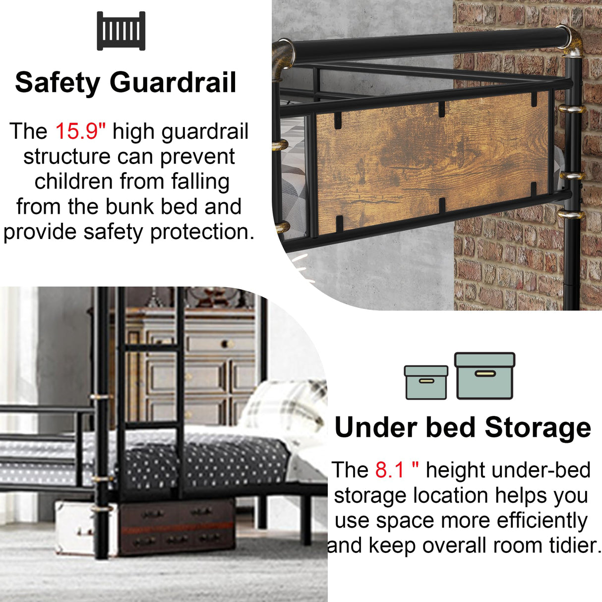 Mirightone Metal Quad Bunk Bed, Heavy Duty Industrial L-Shaped Bunk Bed with Ladders, Detachable Corner 4 Bed Bunk Bed for Kids, Teens, Space Saving Design,Can Be Divided Into 3 Twin Beds, Black Mirightone