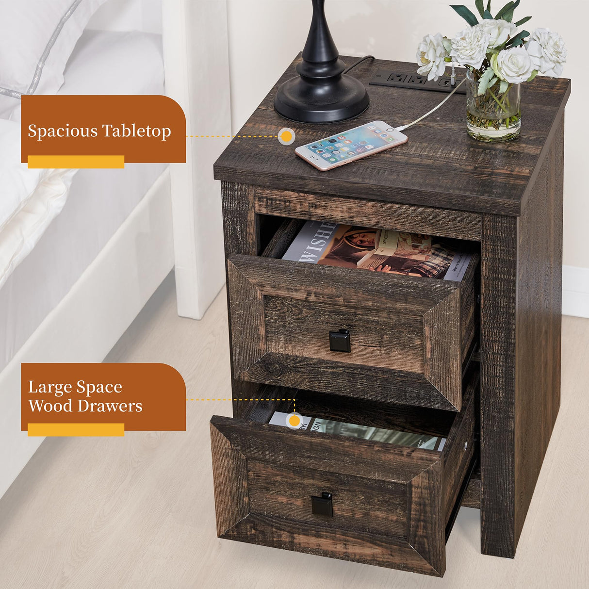 AMERLIFE Nightstand Set of 2 with Charging Station, Rustic Bedside Table with Drawers Storage, Farmhouse Wood Night Stand for Bedroom, Living Room, Dark Oak AMERLIFE