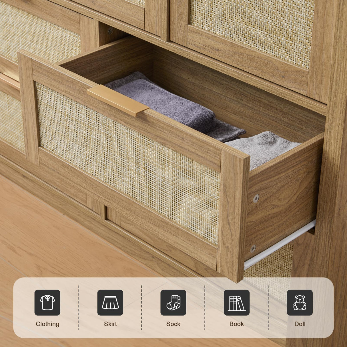 OAKHAM HOME 7 Drawers Dresser, Rattan Dresser TV Stand for Bedroom Closet, Wood Chests of Drawers with Metal Handle and Wide Drawers, 52.76" W x 17.71" D x 31.69" H OAKHAM HOME