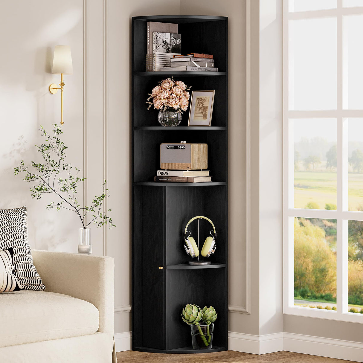 IRONCK 71" Tall Corner Cabinet with Doors, 5-Tier Open Bookcase and Bookshelf, Freestanding Display Storage Shelves Tall Bookcase for Bedroom, Living Room and Office, Black IRONCK