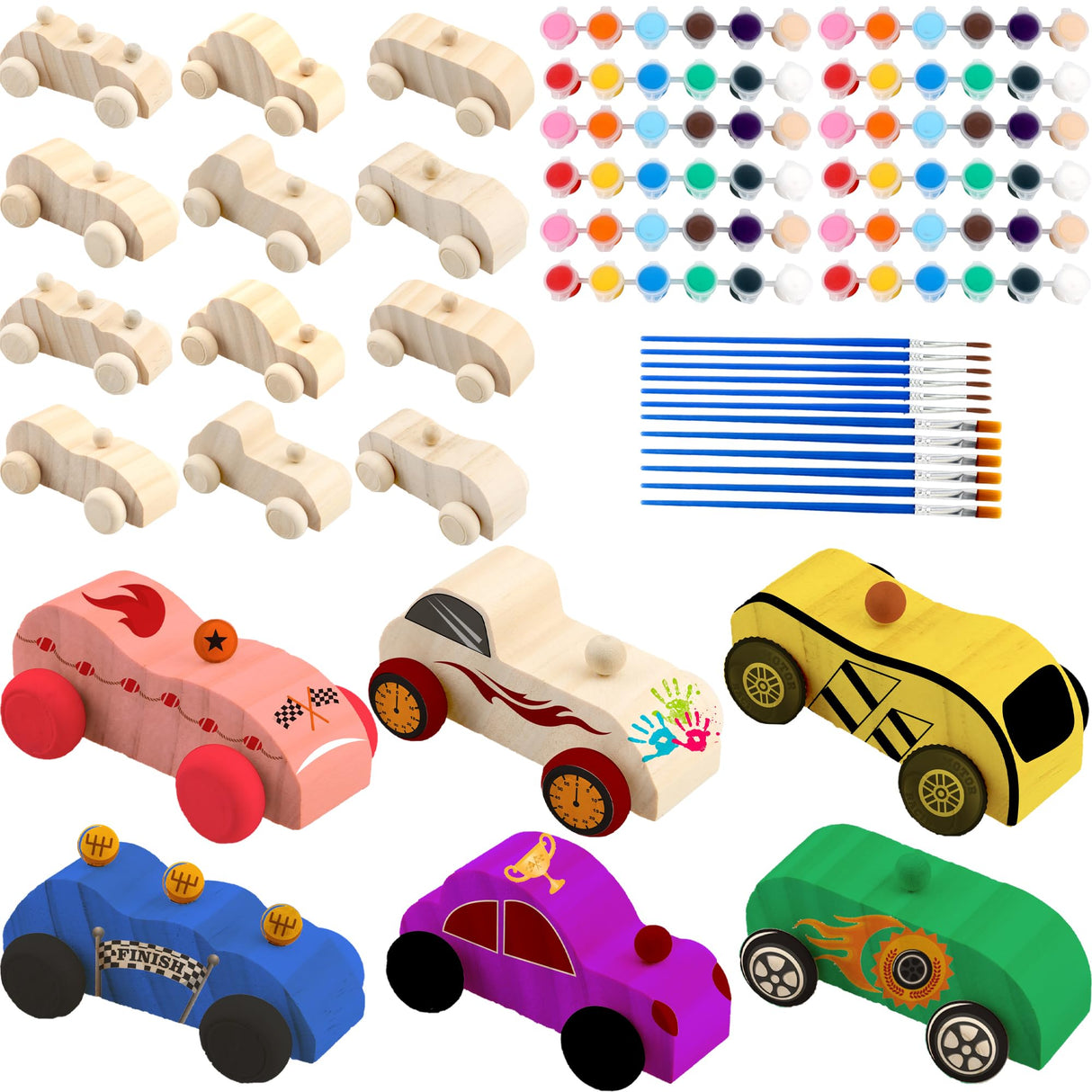 Feradny 42 Pcs Unfinished Wooden Cars Include 18 Wood DIY Car Toys Wood Car Crafts Painting with 24 Painting Tools for Kids Home Activities Arts Crafts Projects Easy Woodworking Party Favors Feradny