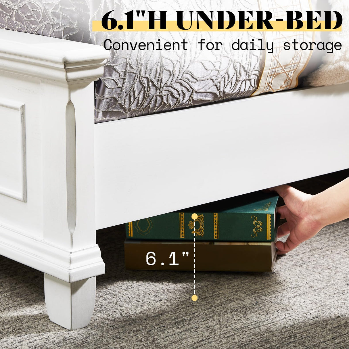 AMERLIFE Queen Size Solid Wood Platform Bed Frame, 62" Tall Farmhouse Headboard, Distressed White Finish, Noise-Reduction Design, Easy Assembly, No Box Spring Needed AMERLIFE