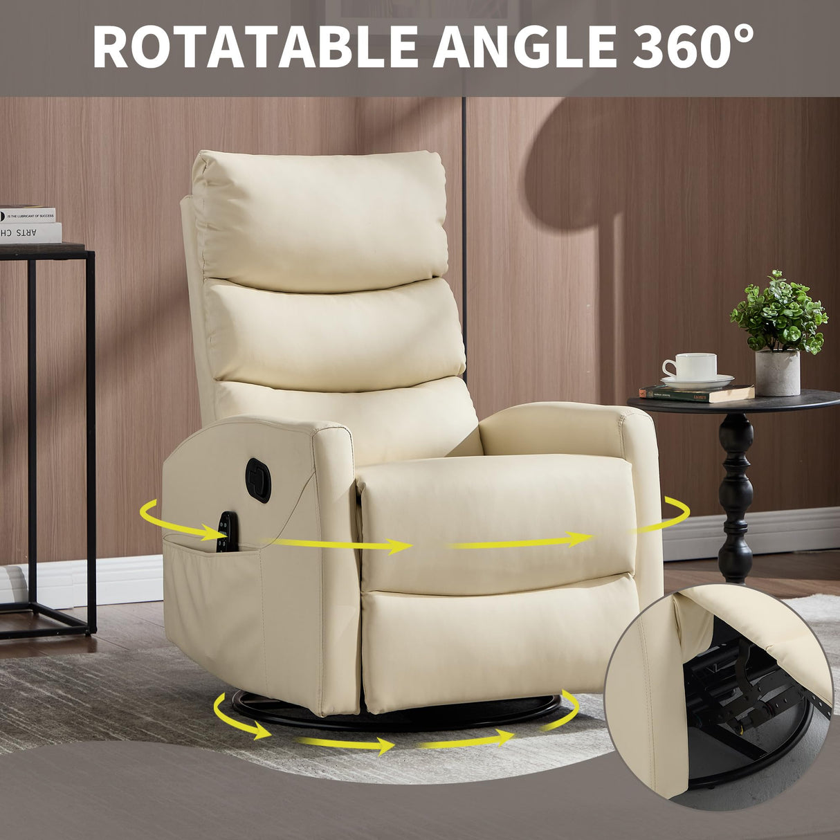 PELUMY Manual Recliner Chair with Heat & Vibration Massage, 360° Swivel Rocker Recliner with 155° Recline and Lumbar Heat, Compact Recliner for Living Room & Small Spaces (Breathable Leather, Beige) PELUMY