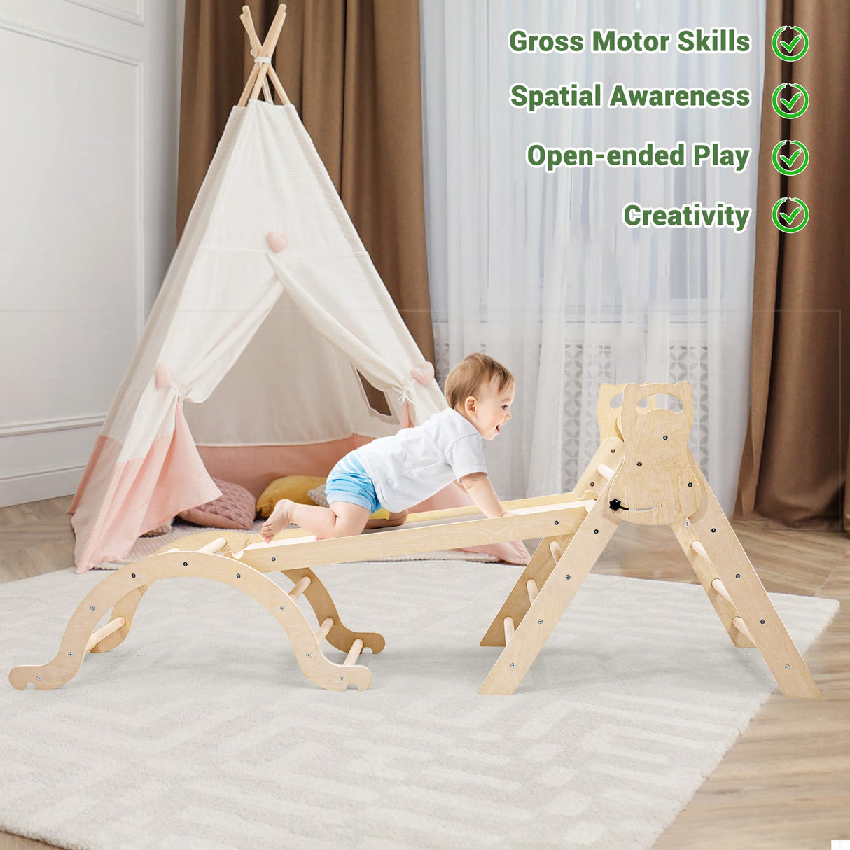 INNOPLAY Large Foldable Toddler Climbing Toys Indoor Jungle Gym, Pikler Triangle Set with Cushion, S-lide and Arch, 7-in-1 Montessori Climbing Set(1.5-6yrs) INNOPLAY